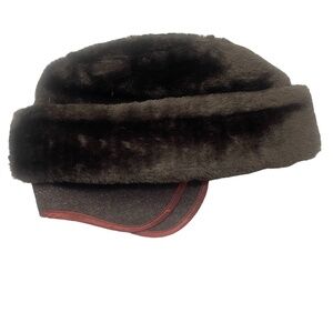 Women's 50s‎ L Brown Faux Fur Hat Ear Flaps Military Style Quilt-Lined Vintage